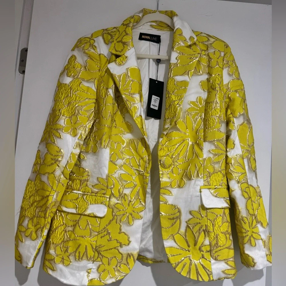 Fashion Nova Poppy Embroidered Yellow Blazer NWT - Picture 7 of 11